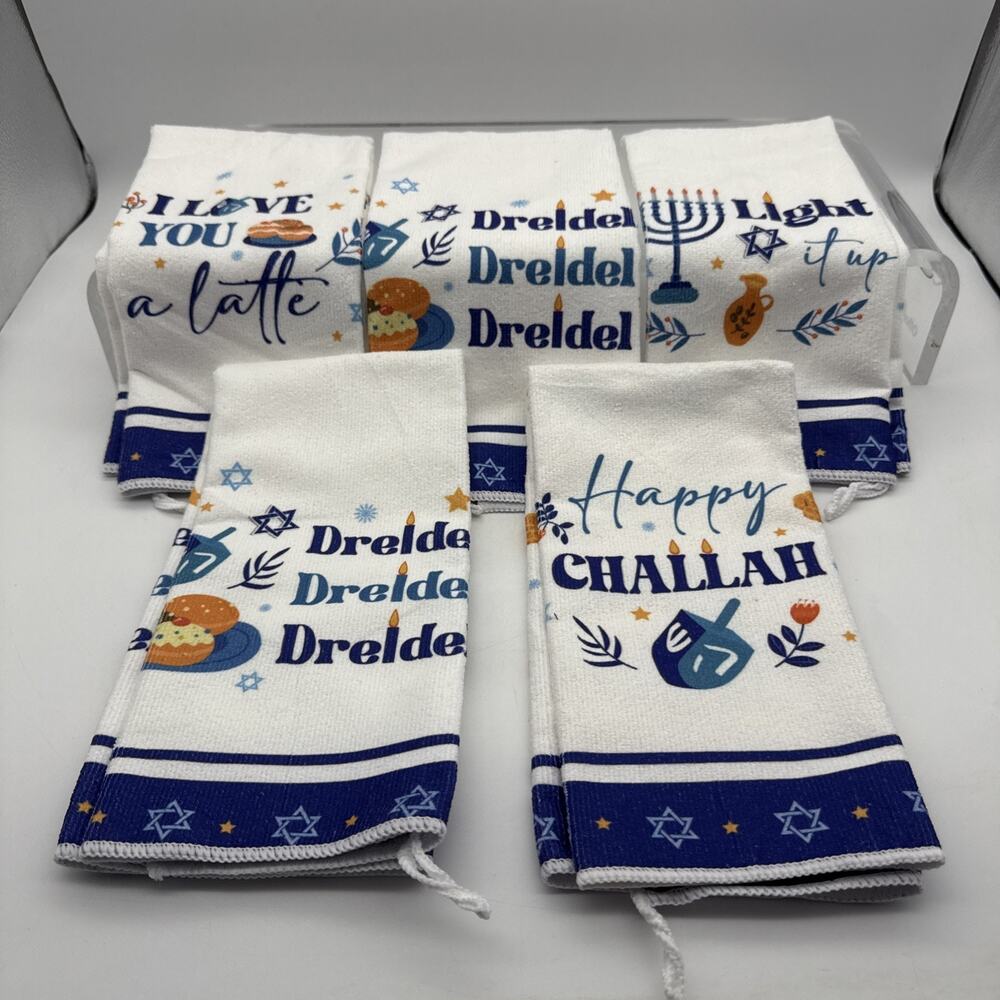 Set of 5 Hanukkah Microfiber Kitchen Towels 15.5" x 23” With Snaps To Hang